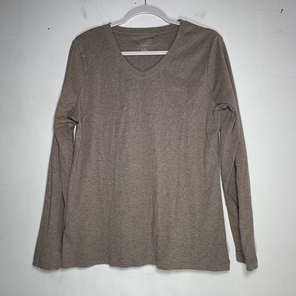Sonoma Life‎ Style Womens Everyday Tee Long Sleeve V-Neck Brown Heather L